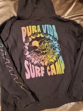 Pura Vida Black Hoodie with Rainbow Surf Camp Graphic